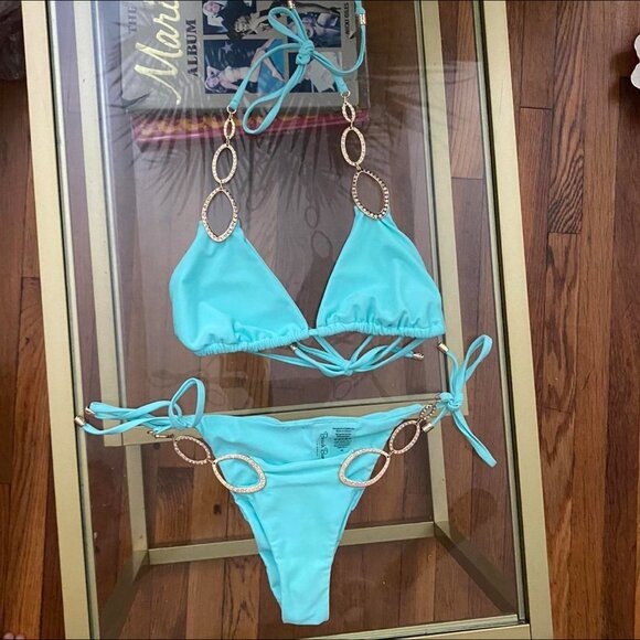 RARE 2 PC SET BEACH BUNNY BIKINI PAISLEY KINSLEY MINT RHINESTONE SMALL SET - Picture 2 of 3